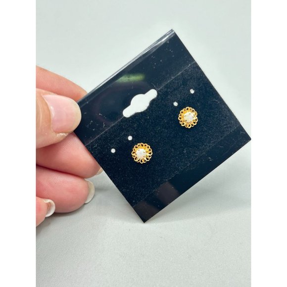 Petite Studs Earrings 14K Yellow Gold & Genuine Opals Pierced Child Girl Jewelry - Picture 2 of 9